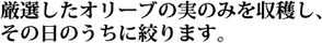 厳選したオリーブの実のみを収穫し、その日のうちに絞ります。